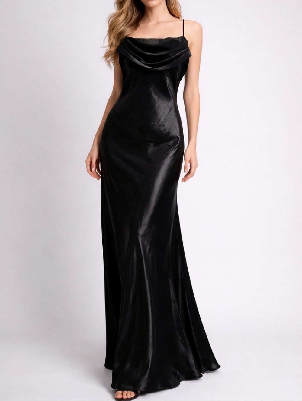 Vintage Black XL Satin Maxi Dress Cowl Neck Spaghetti Strap Evening Gown Events